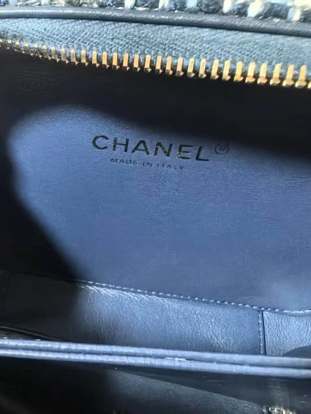 CHANEL Black and White Tweed Vanity Crossbody with Gold Chain